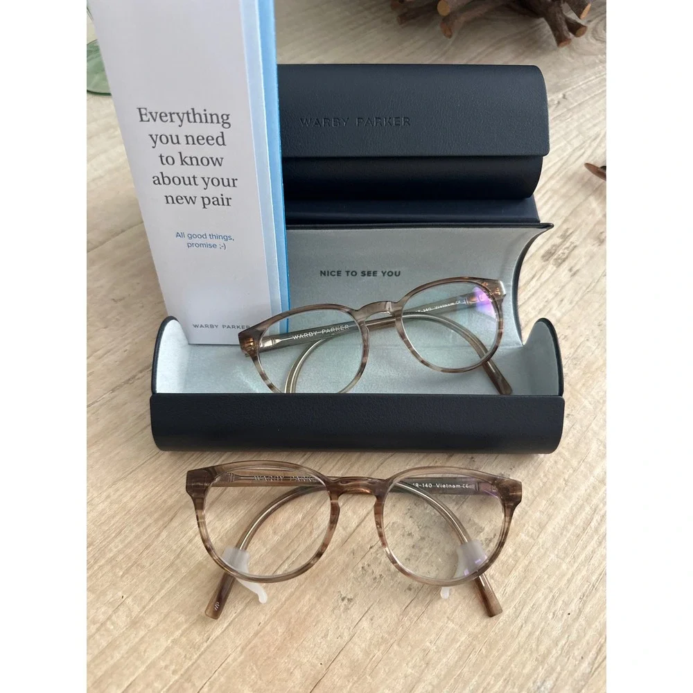 Warby Parker Percey Eyeglasses Striped Tea Round Frames 47-18-140 Set of 2 Case